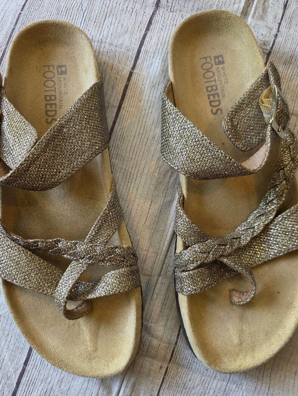 White Mountain Women's Size 10 Glittery Gold Slip On Comfort Sandals Adjustable